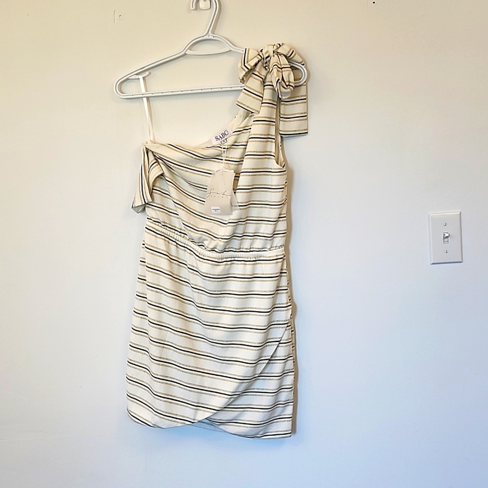 NWT Sabo Skirt white black gold striped one tie shoulder  wrap front dress S